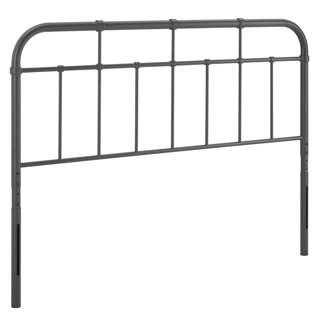 Metal headboard with vertical bar frame and rounded top rail, dark finish