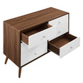 Walnut and white dresser with open drawers showing interior storage