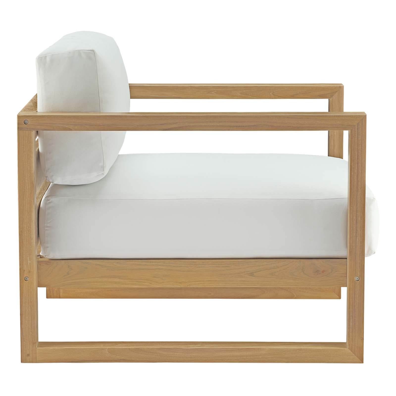 Outdoor patio teak armchair, light wood frame with white seat cushion and backrest