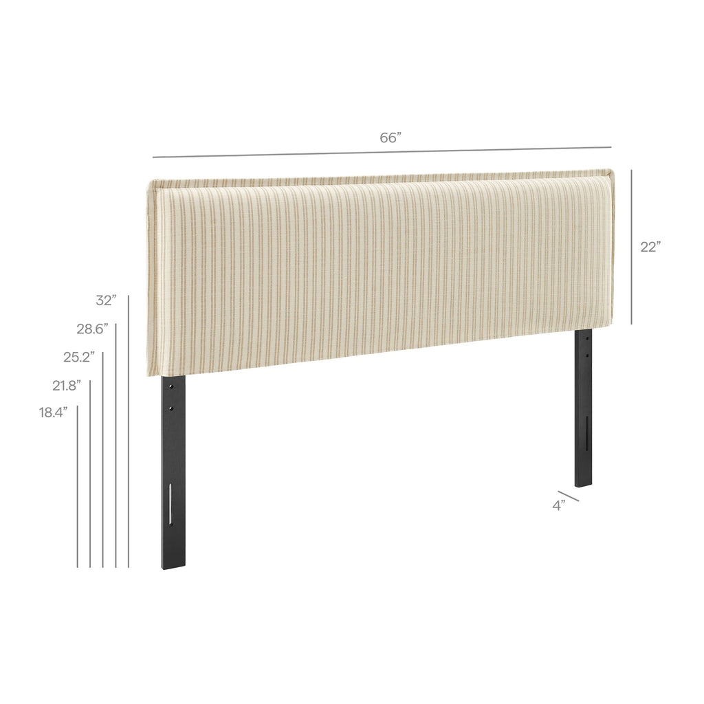 Striped upholstered headboard in cream with vertical pinstripes and dark support legs.