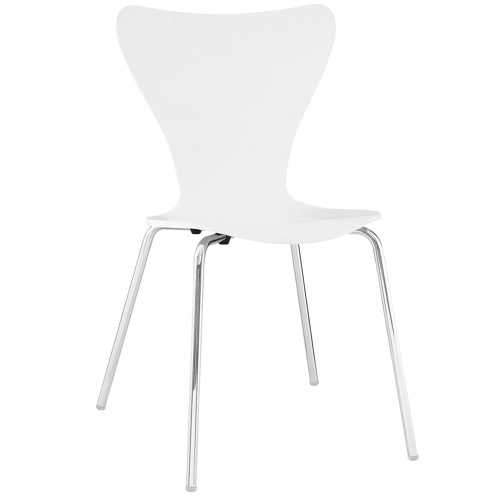 White dining side chair with curved back, molded seat, and chrome metal legs