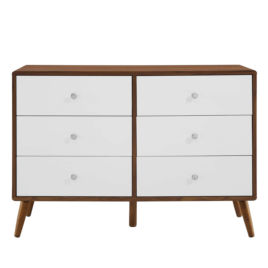 Walnut and white mid-century dresser with six drawers and round metal knobs