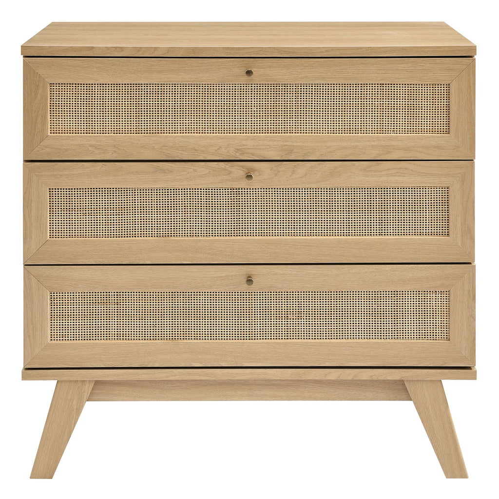3-drawer wood dresser with three rattan drawer fronts and natural oak finish