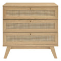 3-drawer wood dresser with three rattan drawer fronts and natural oak finish
