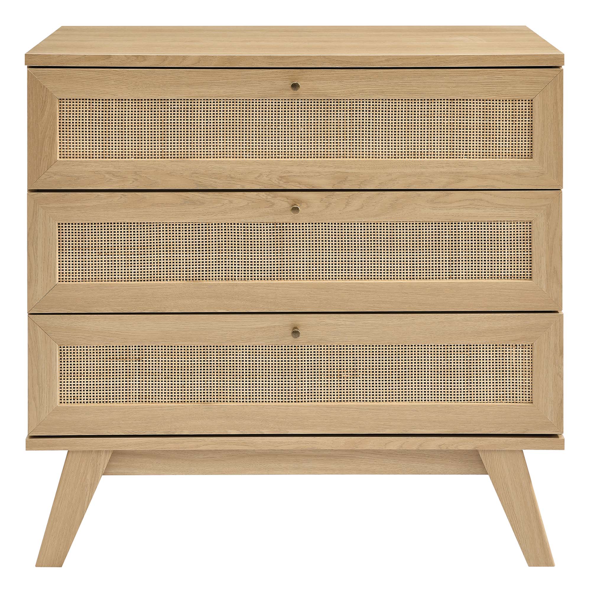 3-drawer wood dresser with three rattan drawer fronts and natural oak finish