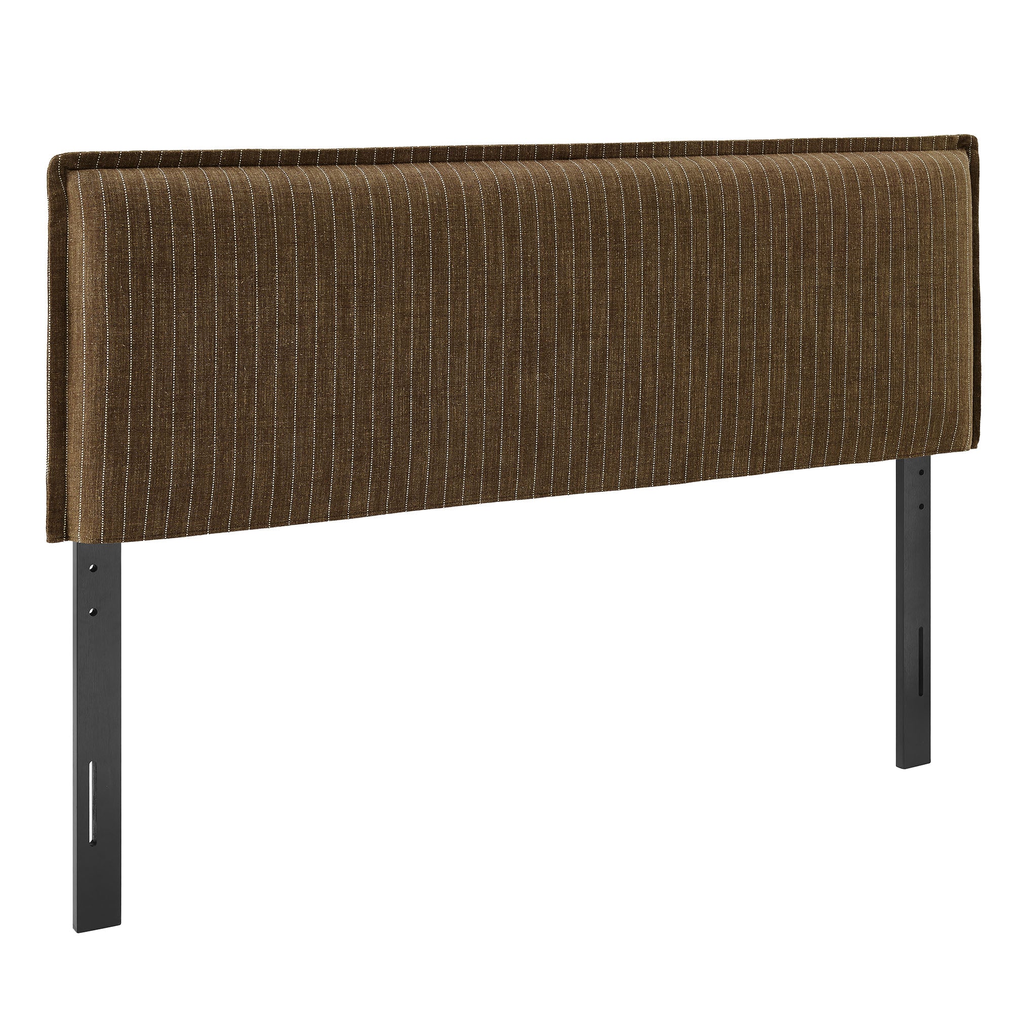 Upholstered headboard in brown striped fabric with dark legs and padded top.