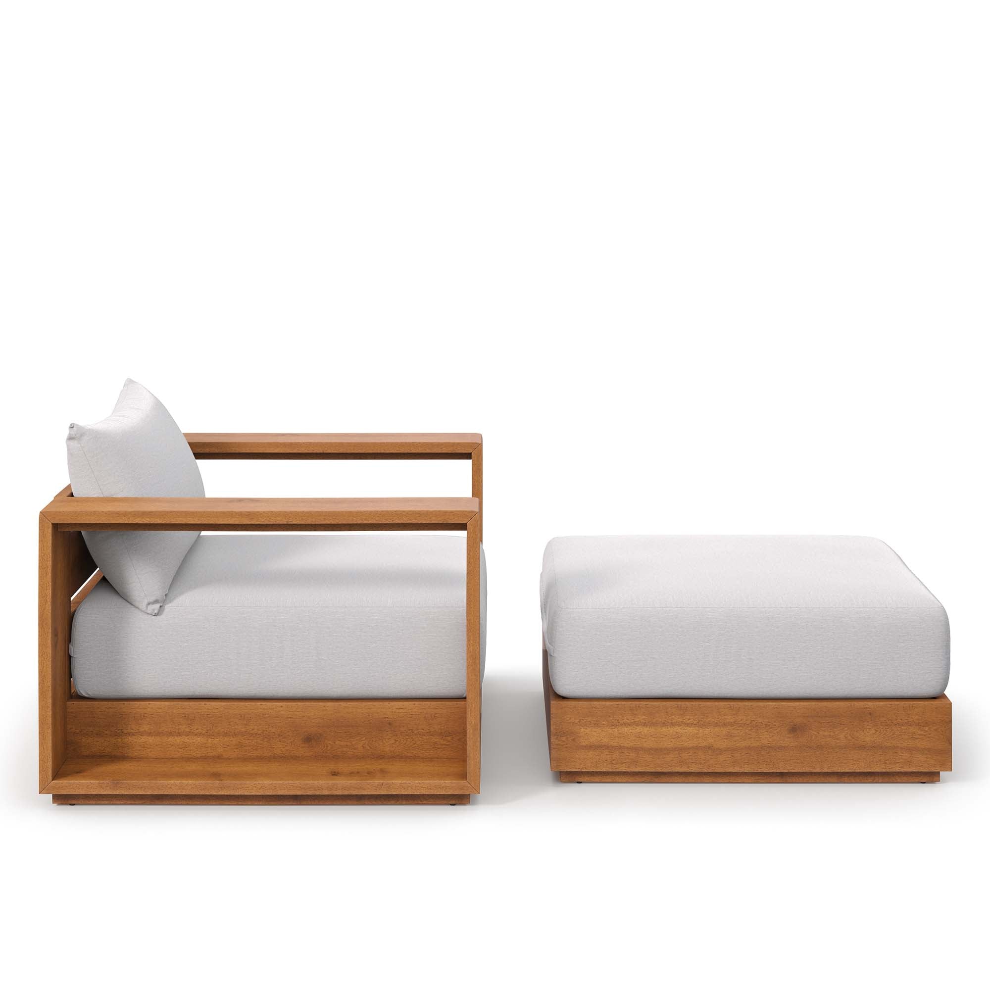 Outdoor acacia armchair set with light gray cushions and matching ottoman, natural wood.