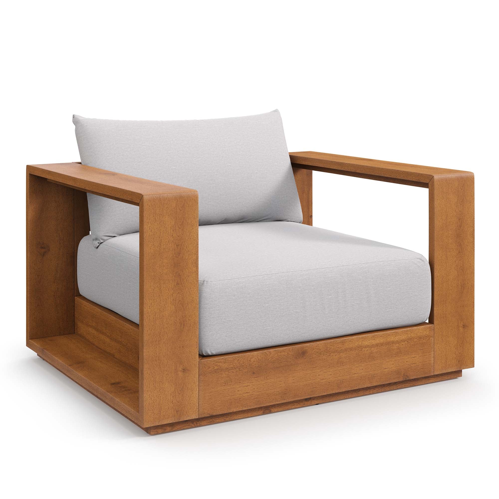 Outdoor patio acacia lounge chair with light gray cushions, armrests and open side panel
