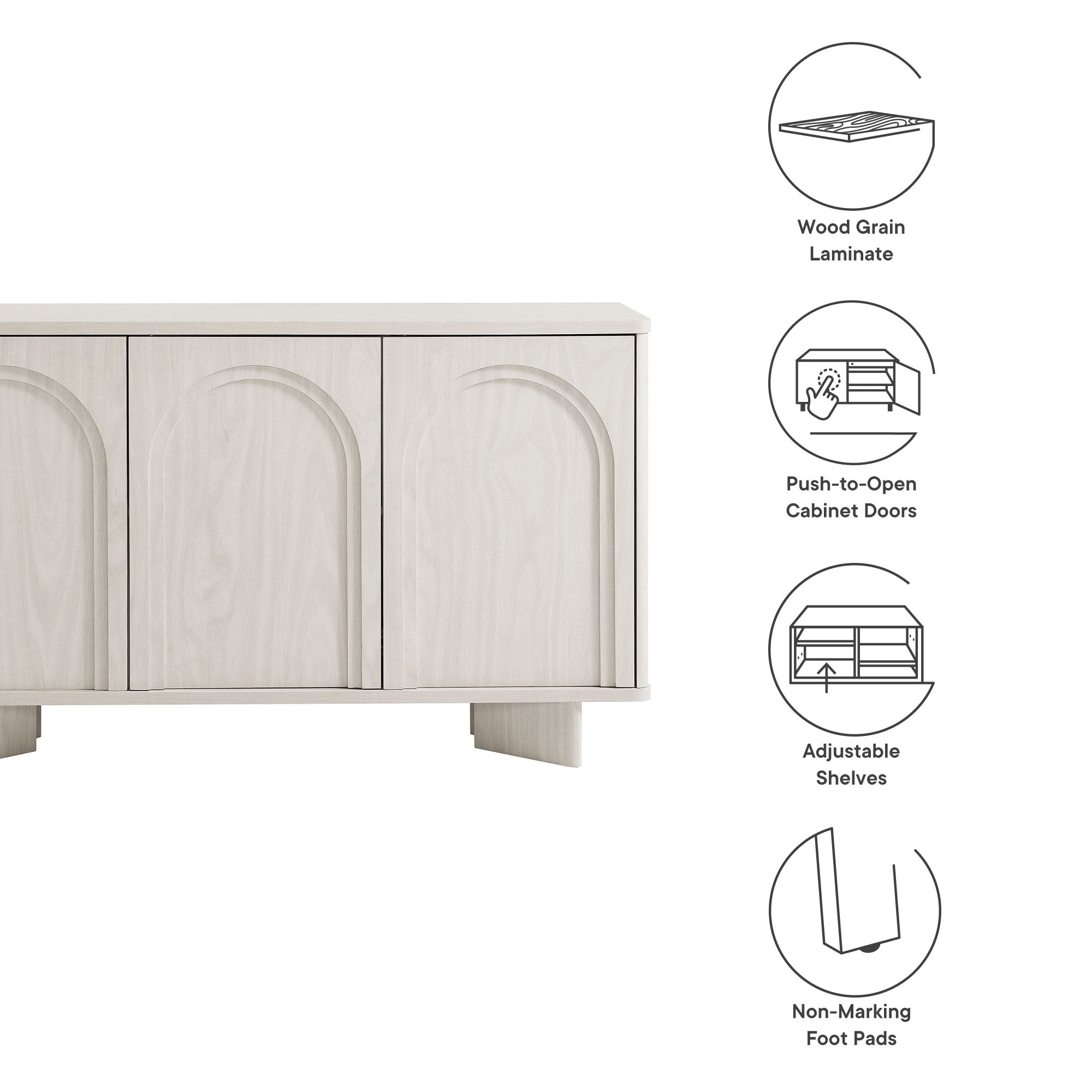 Arched 3-door sideboard storage cabinet, white wash look, showing push-to-open doors and wood-grain laminate.