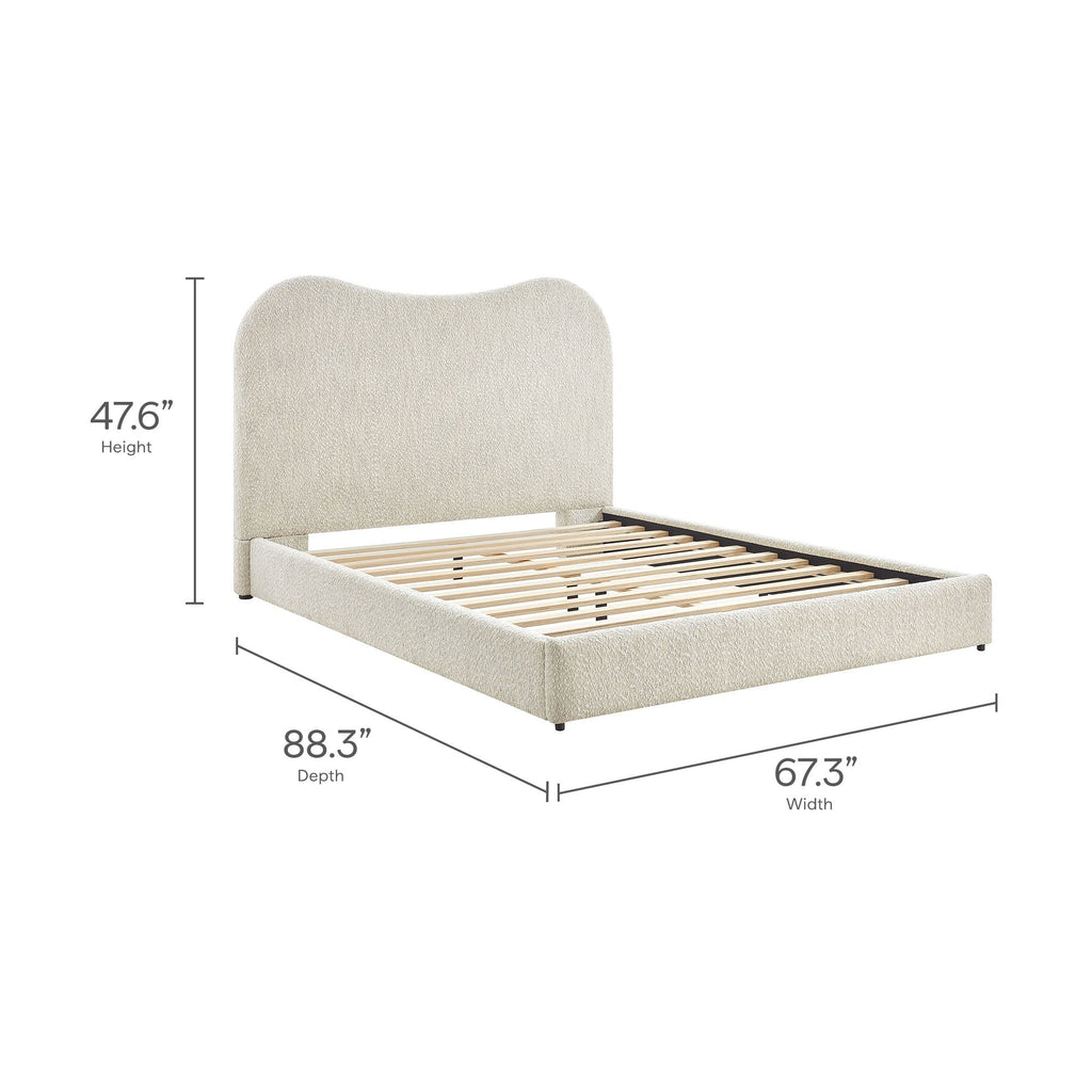 Queen platform bed frame with curved headboard and wood slat base, boucle upholstery