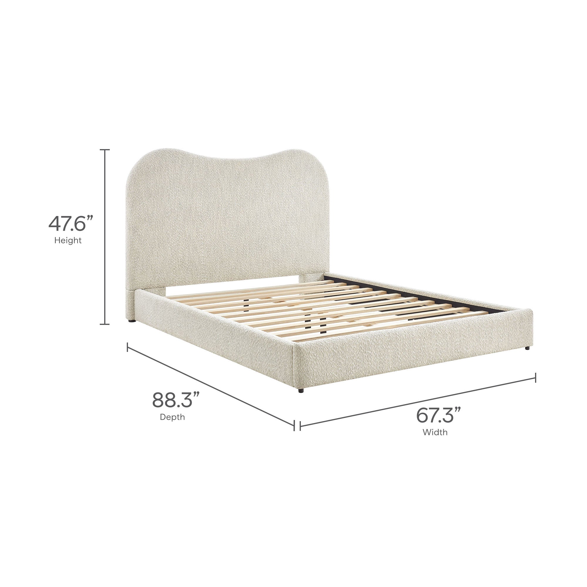 Queen platform bed frame with curved headboard and wood slat base, boucle upholstery