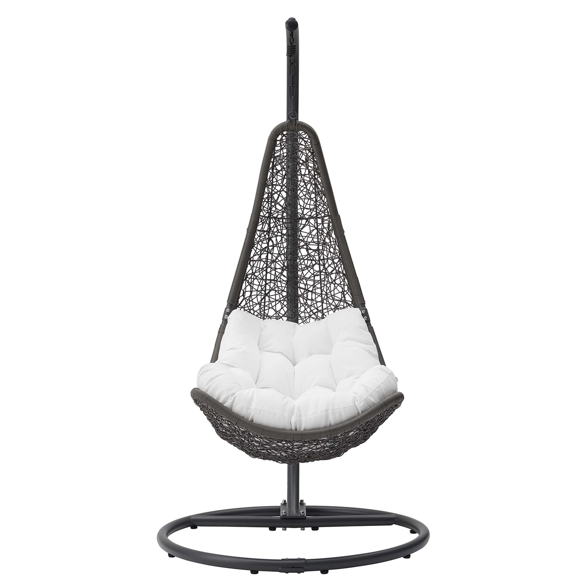 Hanging patio swing chair with black woven hanging pod, white padded seat, and round base