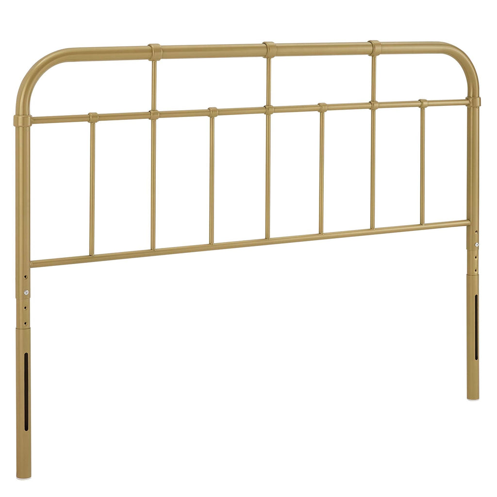 Metal headboard with vertical bar frame and rounded top rail, gold finish