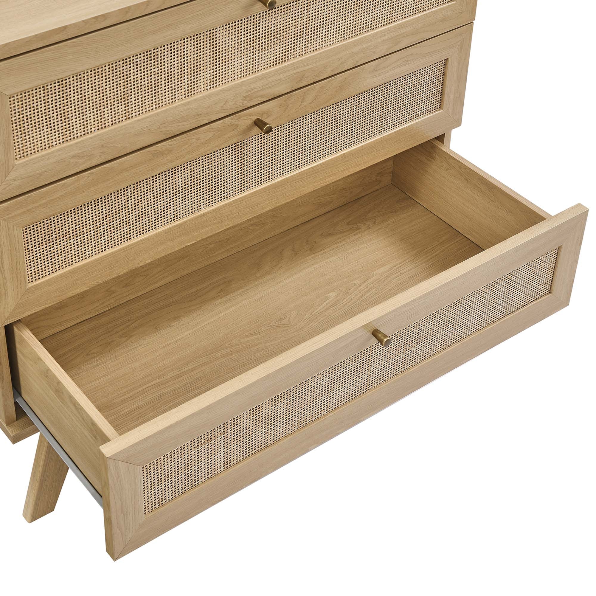 3-drawer wood dresser with open drawer showing wood interior and rattan front