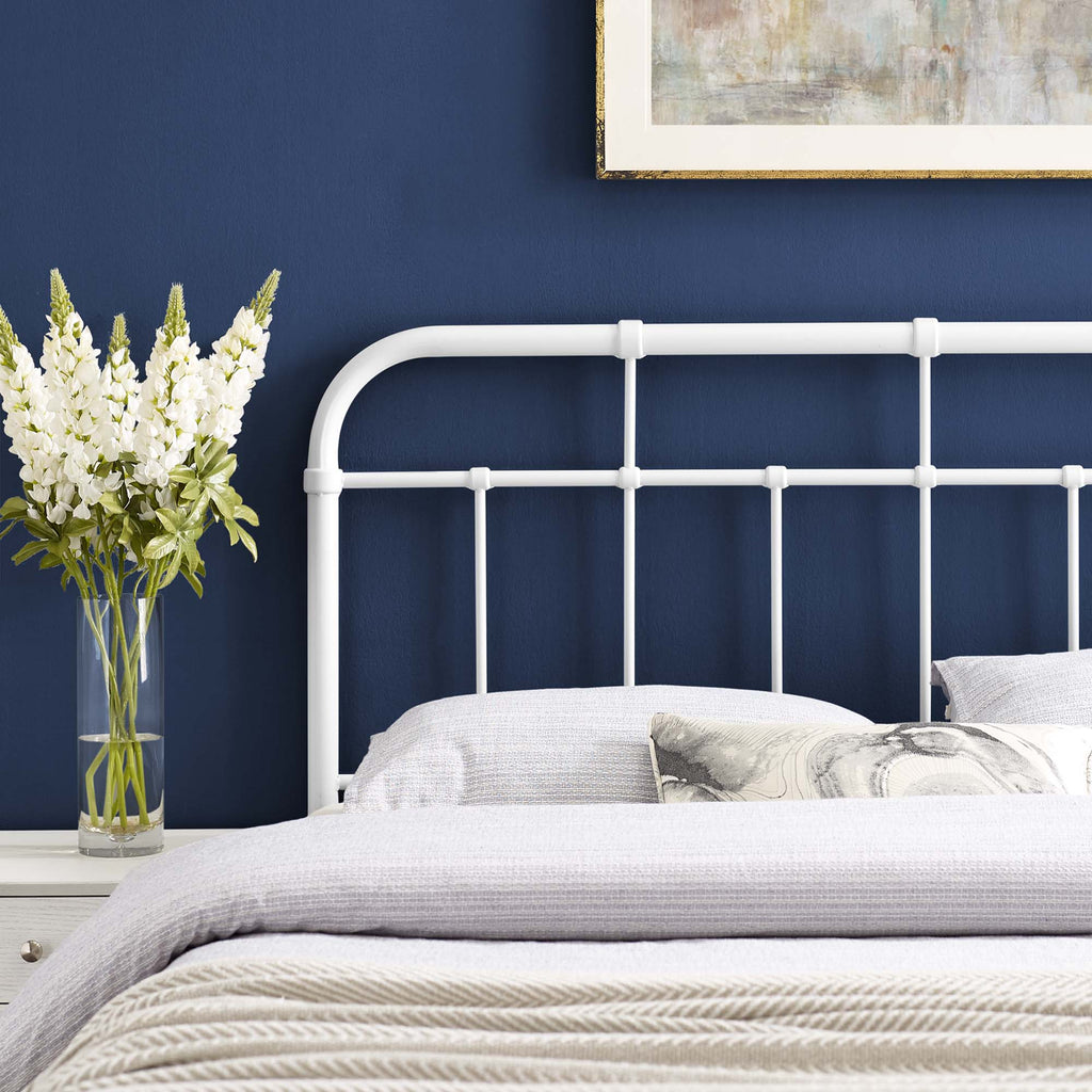 Metal headboard with vertical bars and rounded top rail, white finish