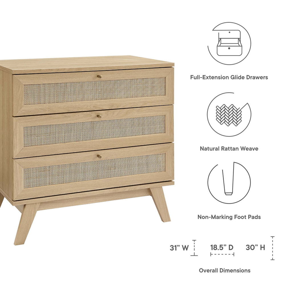 3-drawer wood dresser in natural oak, side view with rattan drawer fronts