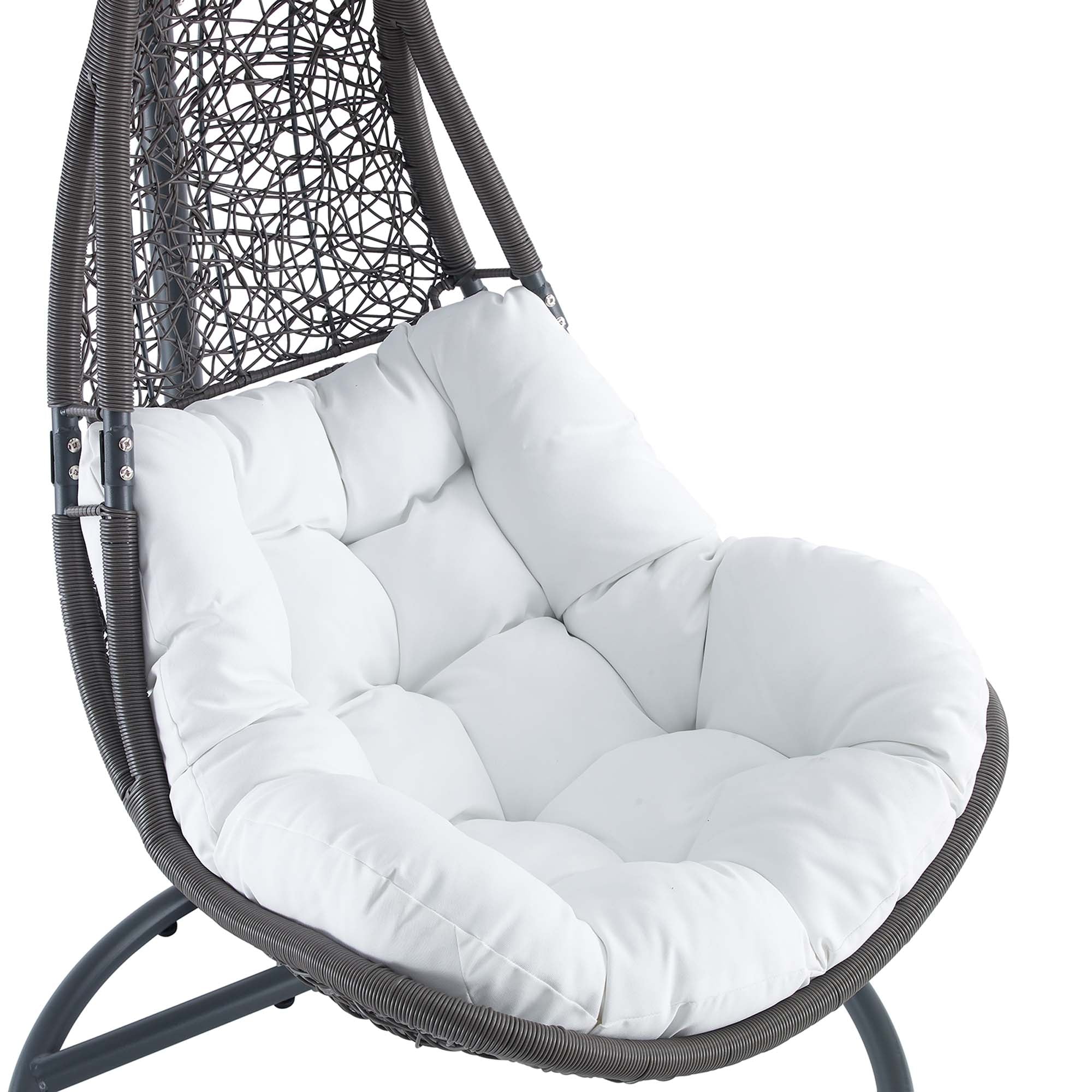 White padded cushion on black woven hanging swing chair seat with armrest supports
