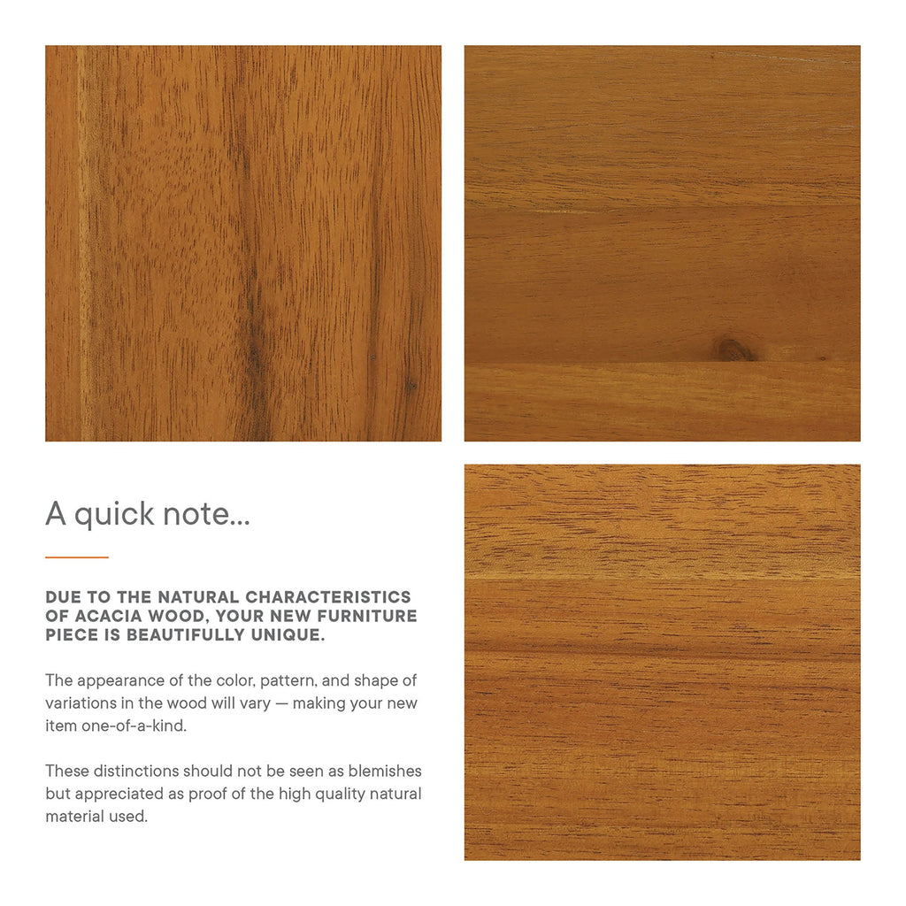 Acacia wood finish close-up with warm natural grain texture