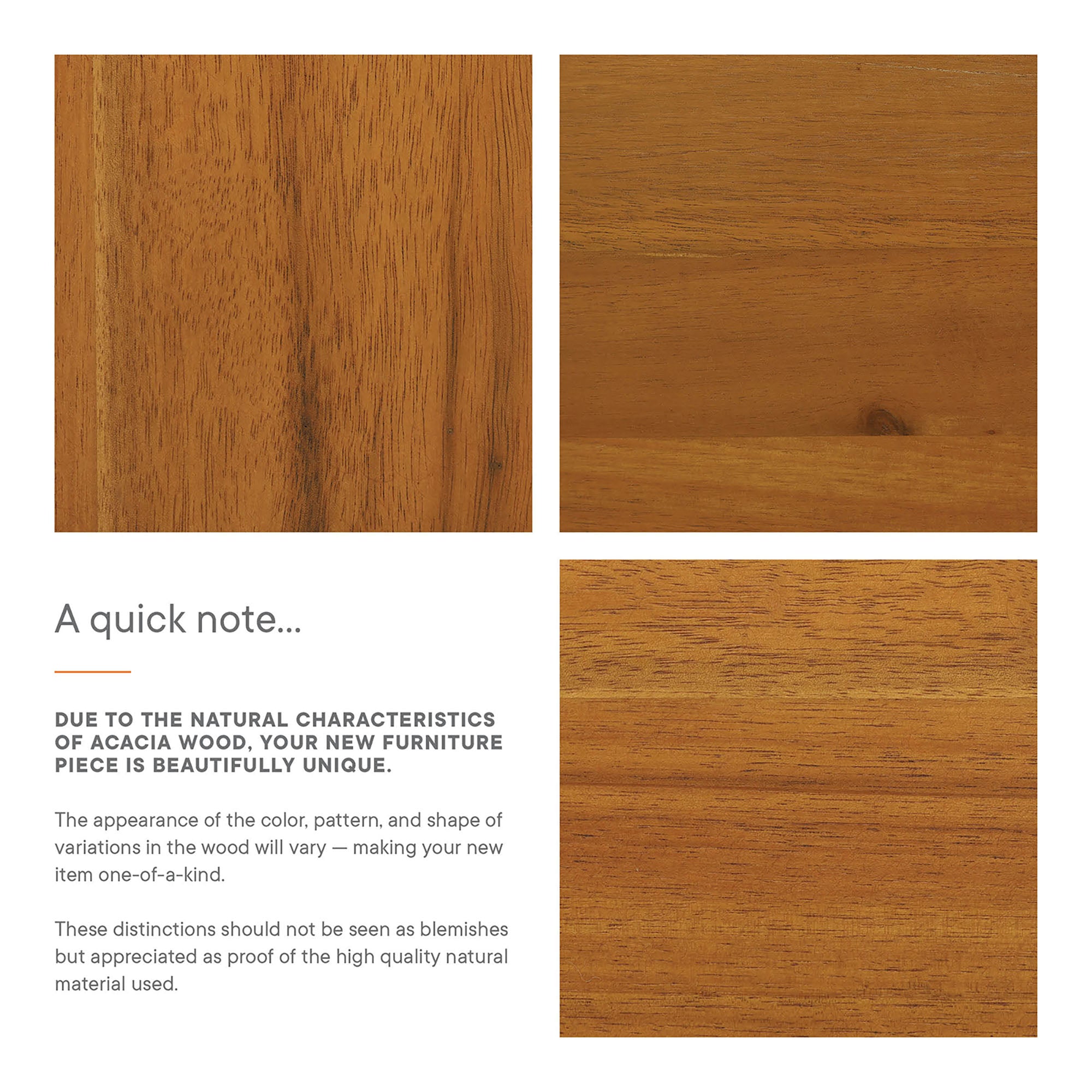 Acacia wood finish close-up with warm natural grain texture