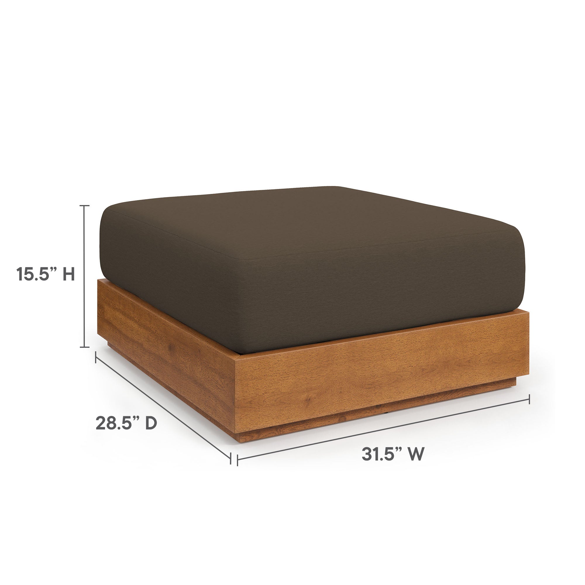 Acacia wood outdoor ottoman with dark cushion top