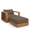 Acacia wood outdoor armchair and ottoman set with dark fabric cushions