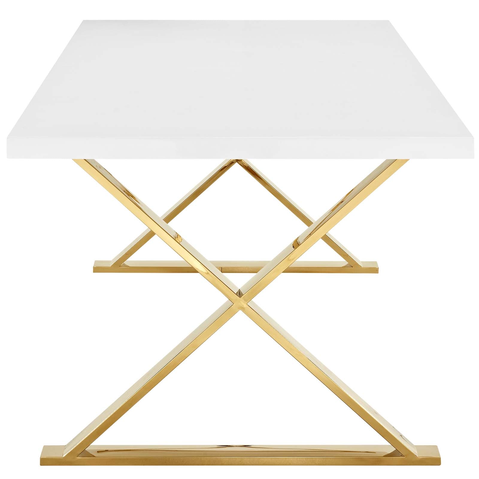 Rectangular dining table with glossy white top and crossed gold pedestal base