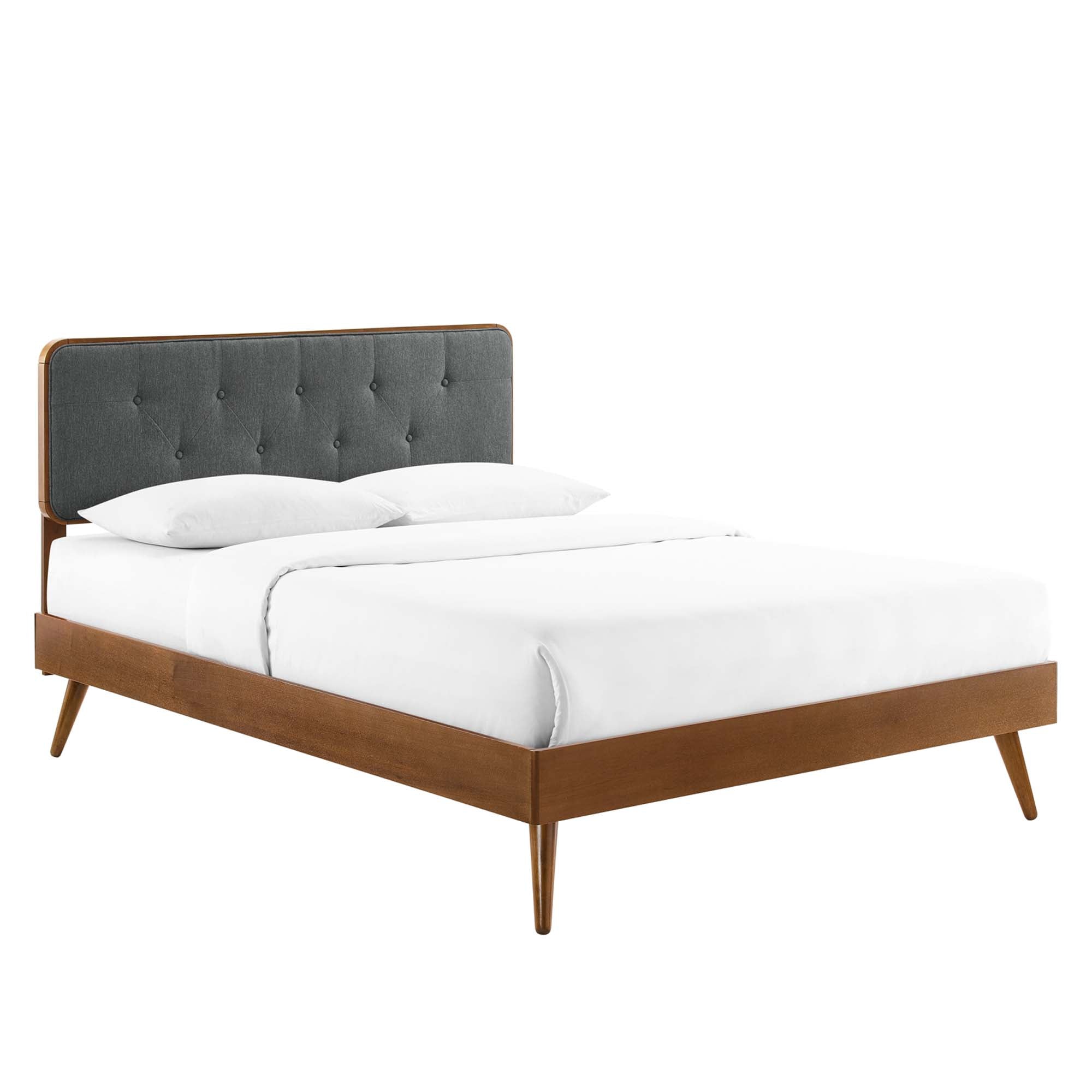 Wood platform bed frame with splayed legs, dark gray tufted headboard and walnut frame