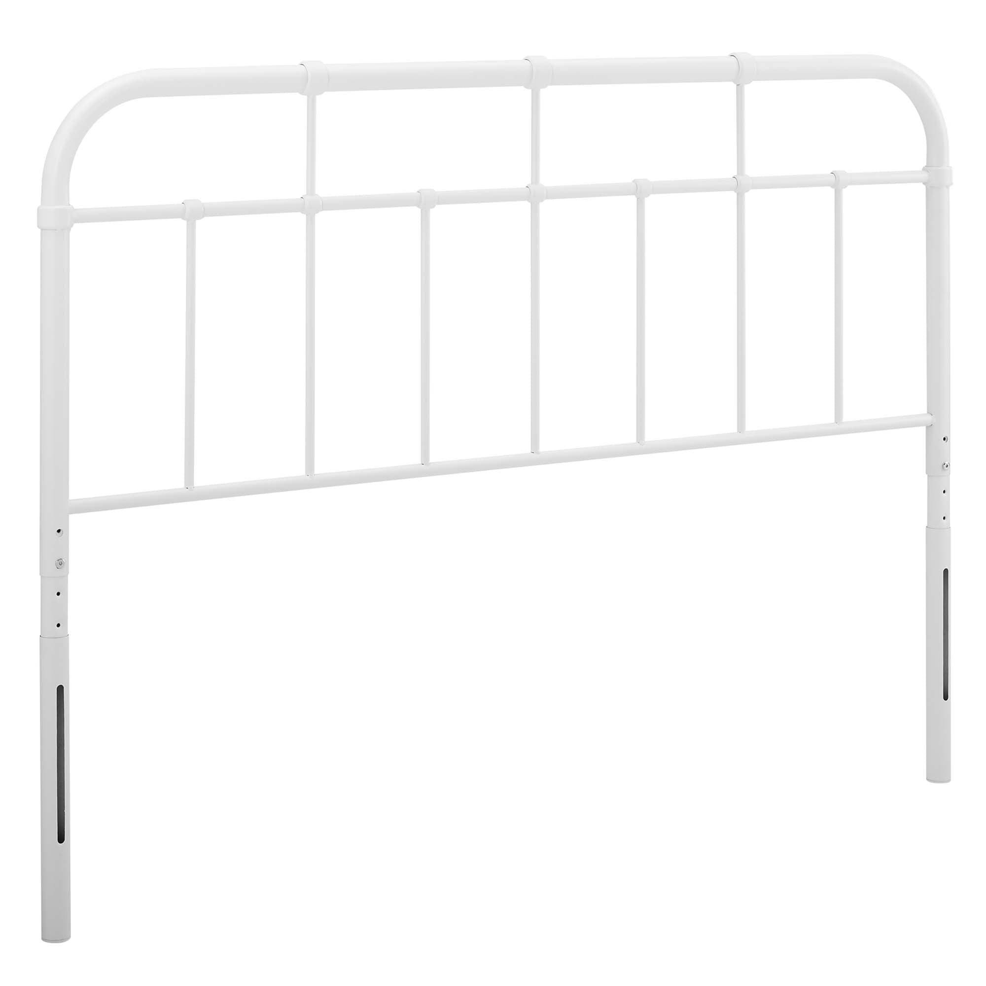 Metal headboard with vertical bar frame and rounded top rail, white finish