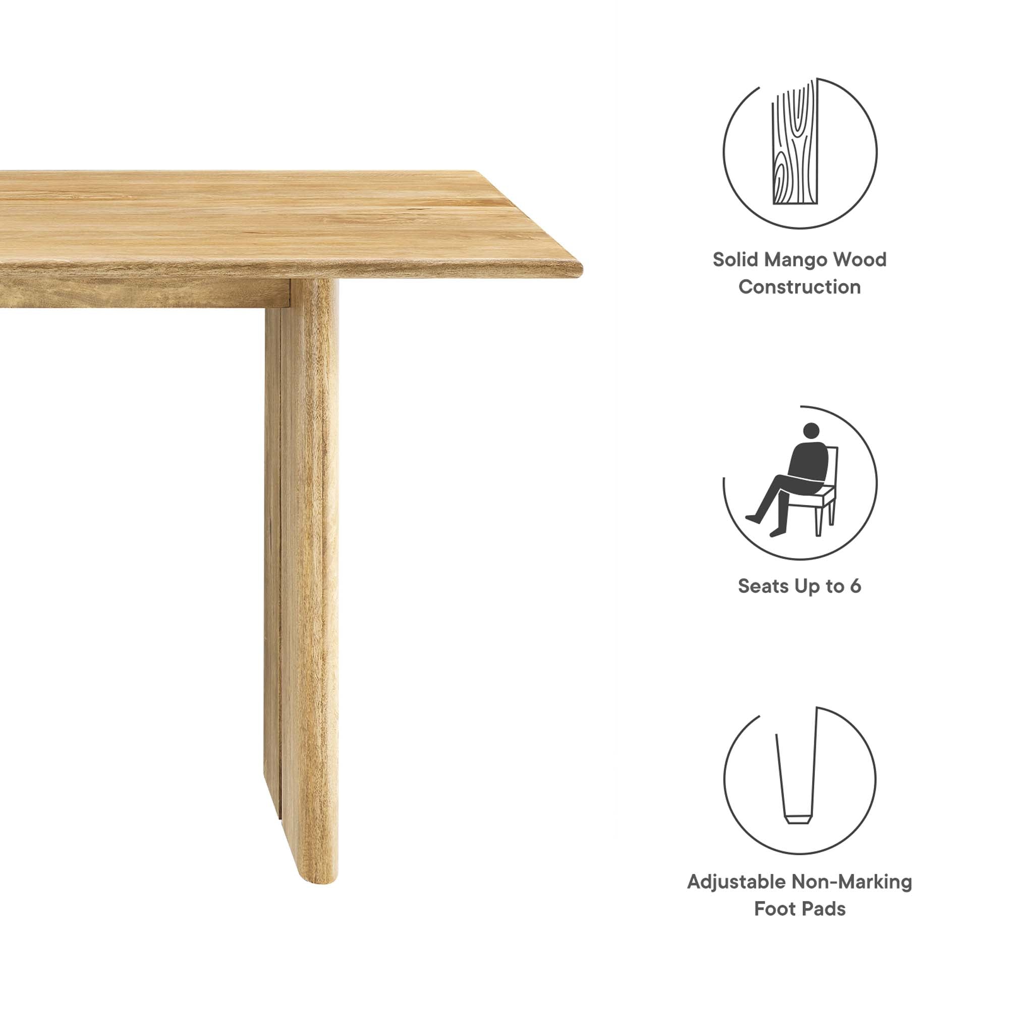Rectangular wood dining table side view with solid wood grain legs