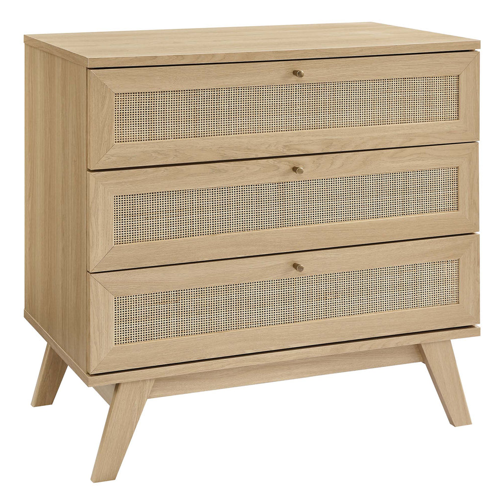 3-drawer wood dresser in natural oak finish with rattan-front drawer panels