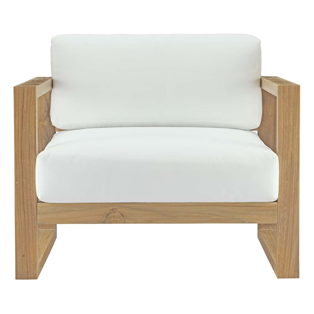 Outdoor patio teak armchair with two white cushions and light wood arms