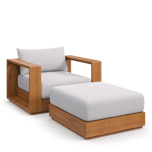 Acacia wood outdoor armchair and ottoman set with light gray fabric cushions